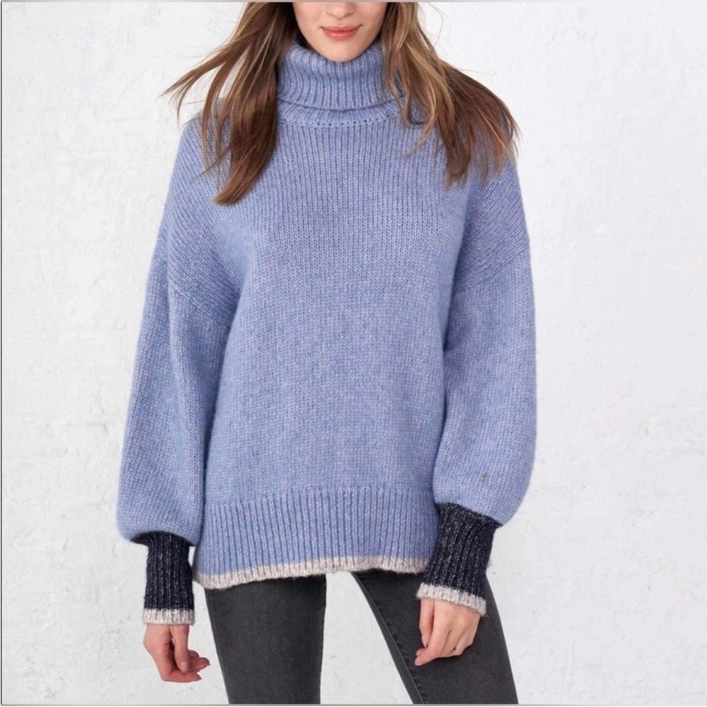 LA LIGNE Oversized Turtleneck Sweater XS Blue Balloon Sleeve Ribbed Knit